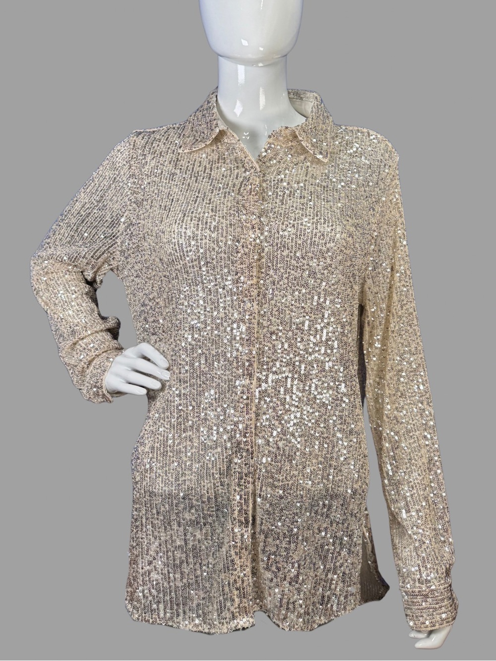 NWT Philosophy by Republic Clothing Champagne Sequin Collared Button-Down Shirt